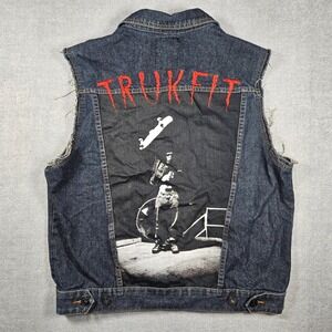 Trukfit Mens 2XL Studded Denim Vest Dark Wash Skateboarder Graphic Back Print